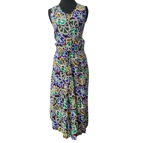 Erika Dresses & Skirts - Erika Floral Dress Womens Small Purple Green Rayon Button Front Midi Vintage 90s